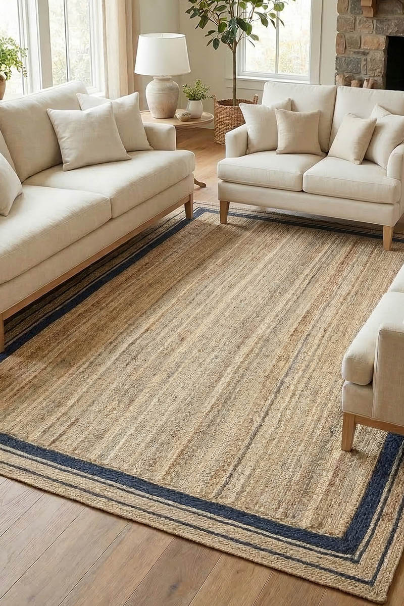 Hand Braided Natural Blue Bordered Jute Rug - Image 2