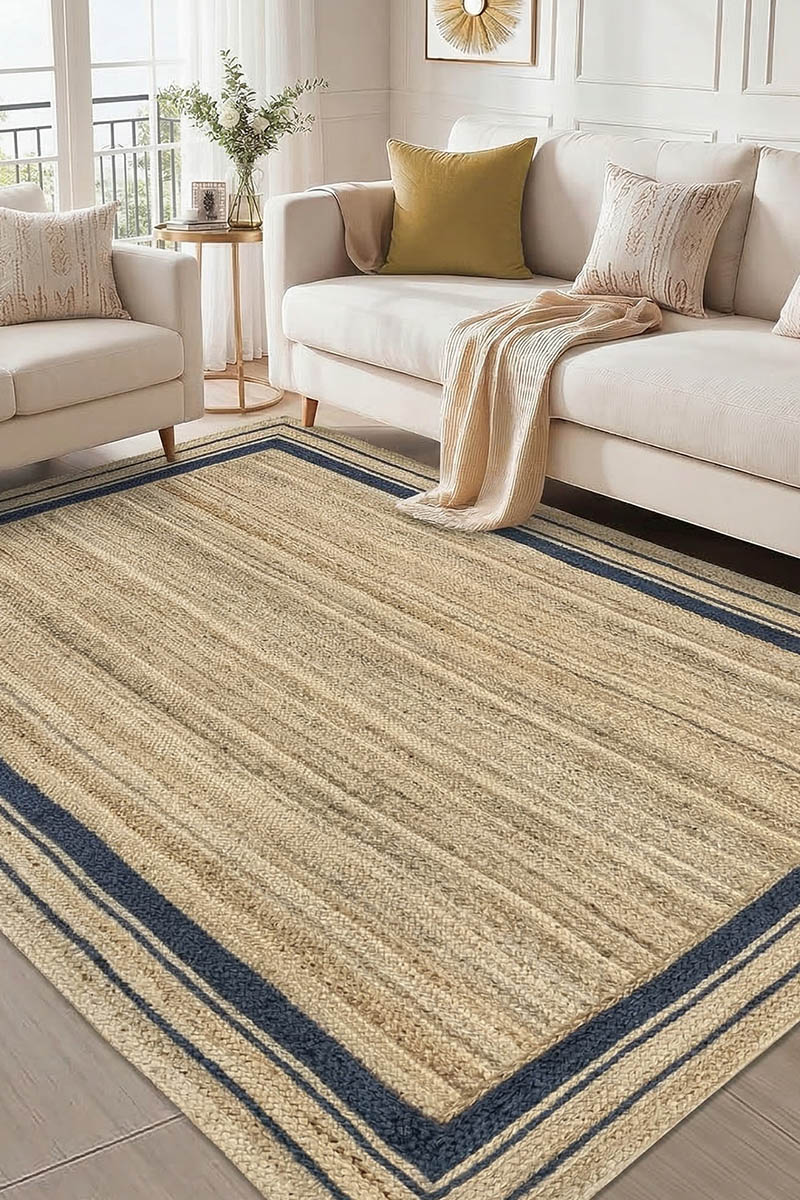 Hand Braided Natural Blue Bordered Jute Rug - Image 5