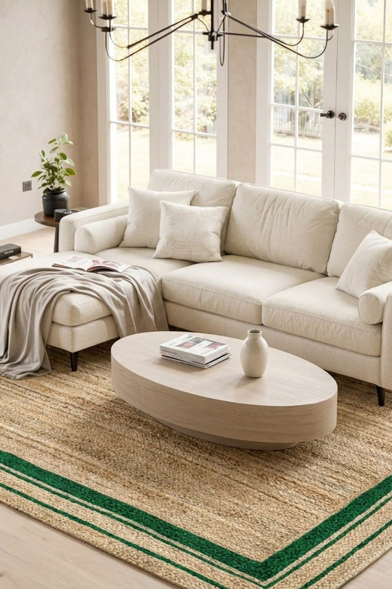 Hand Braided Natural Jute Green Bordered Area Rug - Image 2