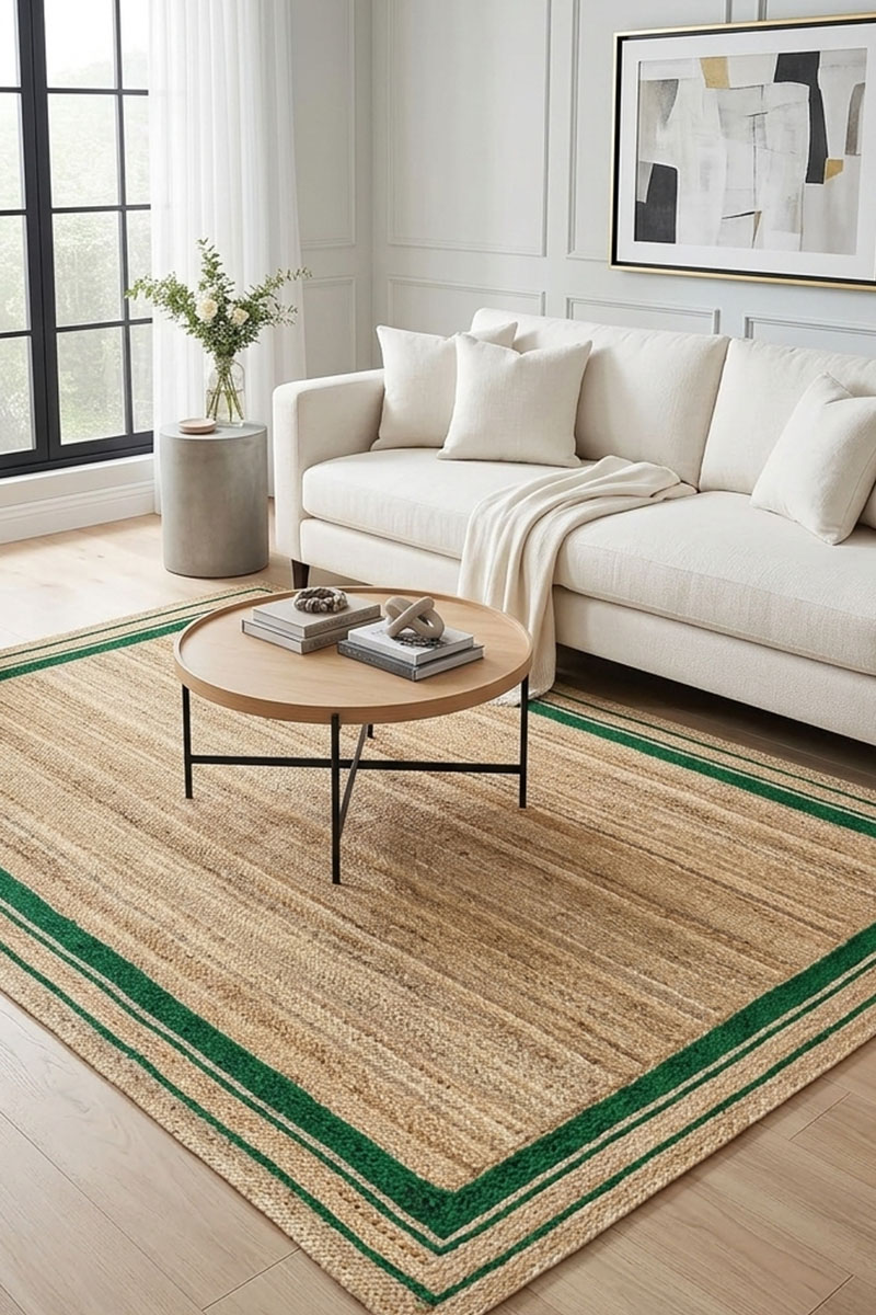 Hand Braided Natural Jute Green Bordered Area Rug - Image 5