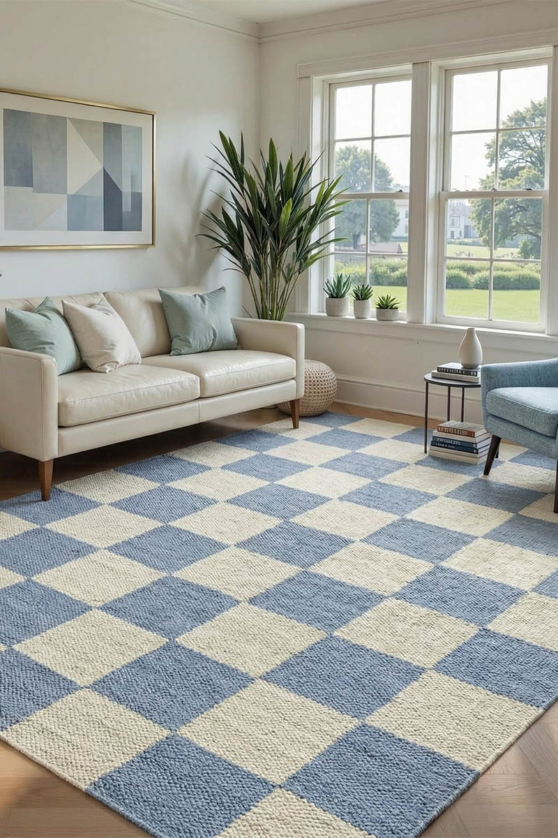 Handmade Blue Jute Checkered Area Rug Jute Hemp Rug - Image 2