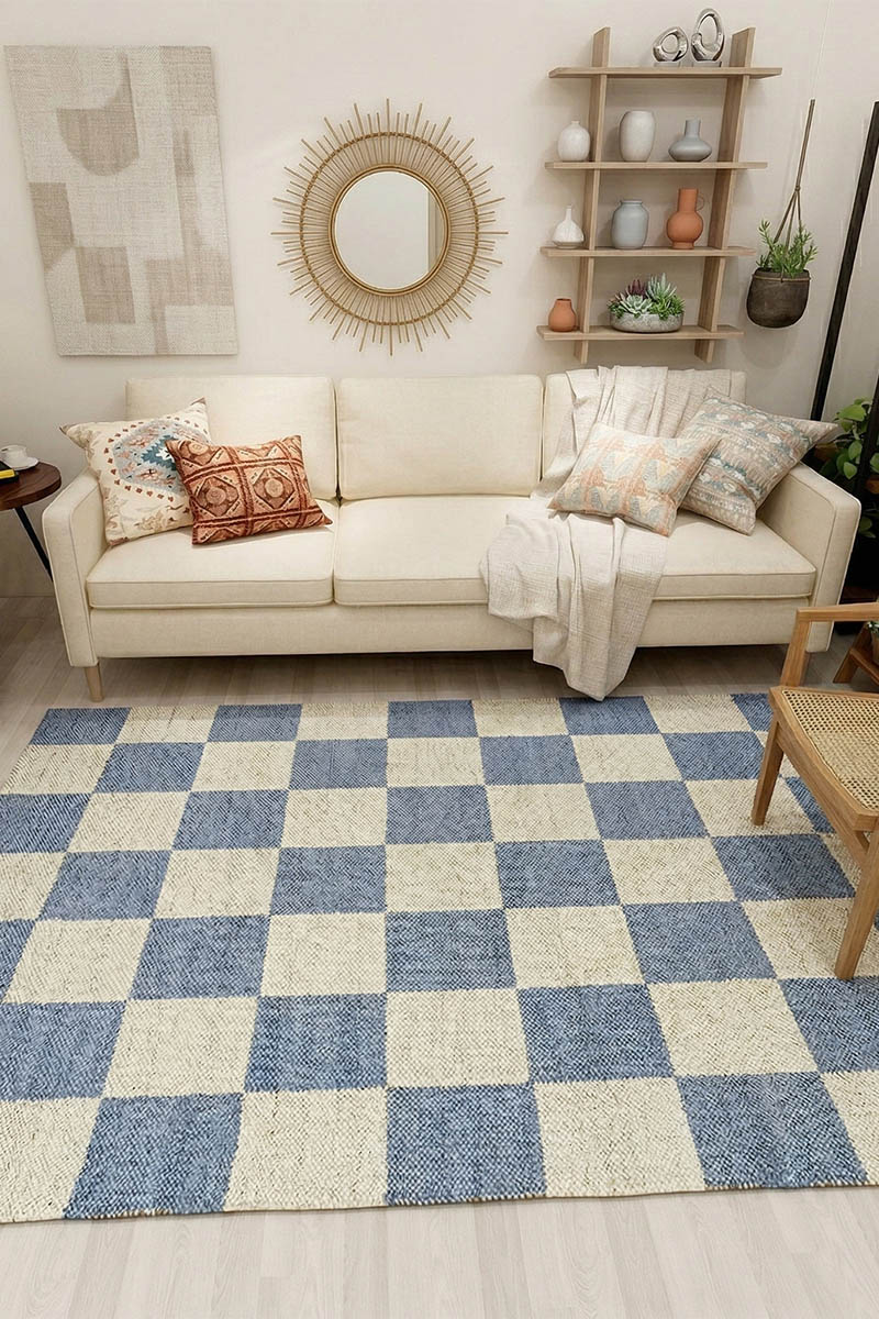 Handmade Blue Jute Checkered Area Rug Jute Hemp Rug - Image 5