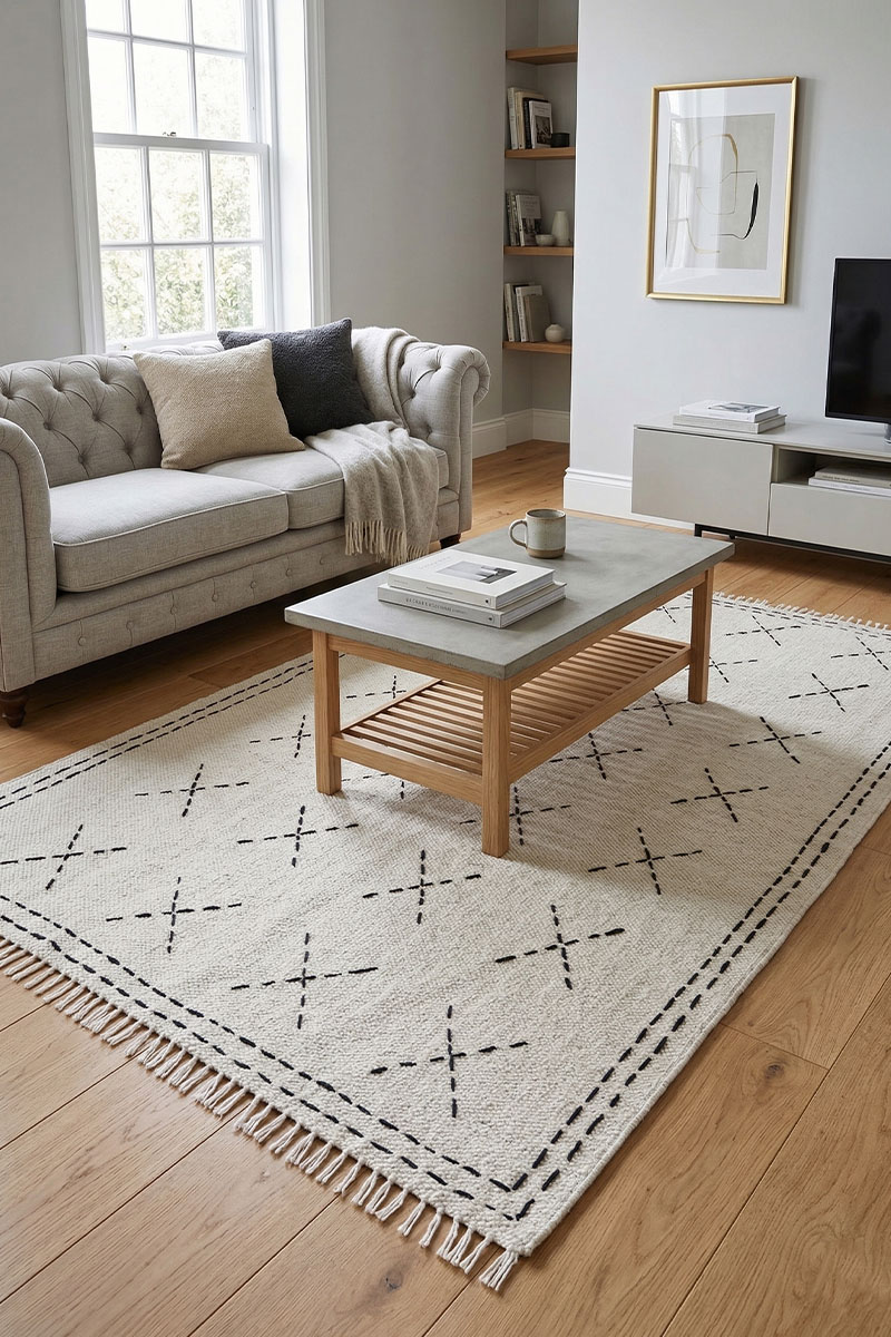 Minimalist Handmade Cross-Stitch Kantha Cotton Rug - Image 5