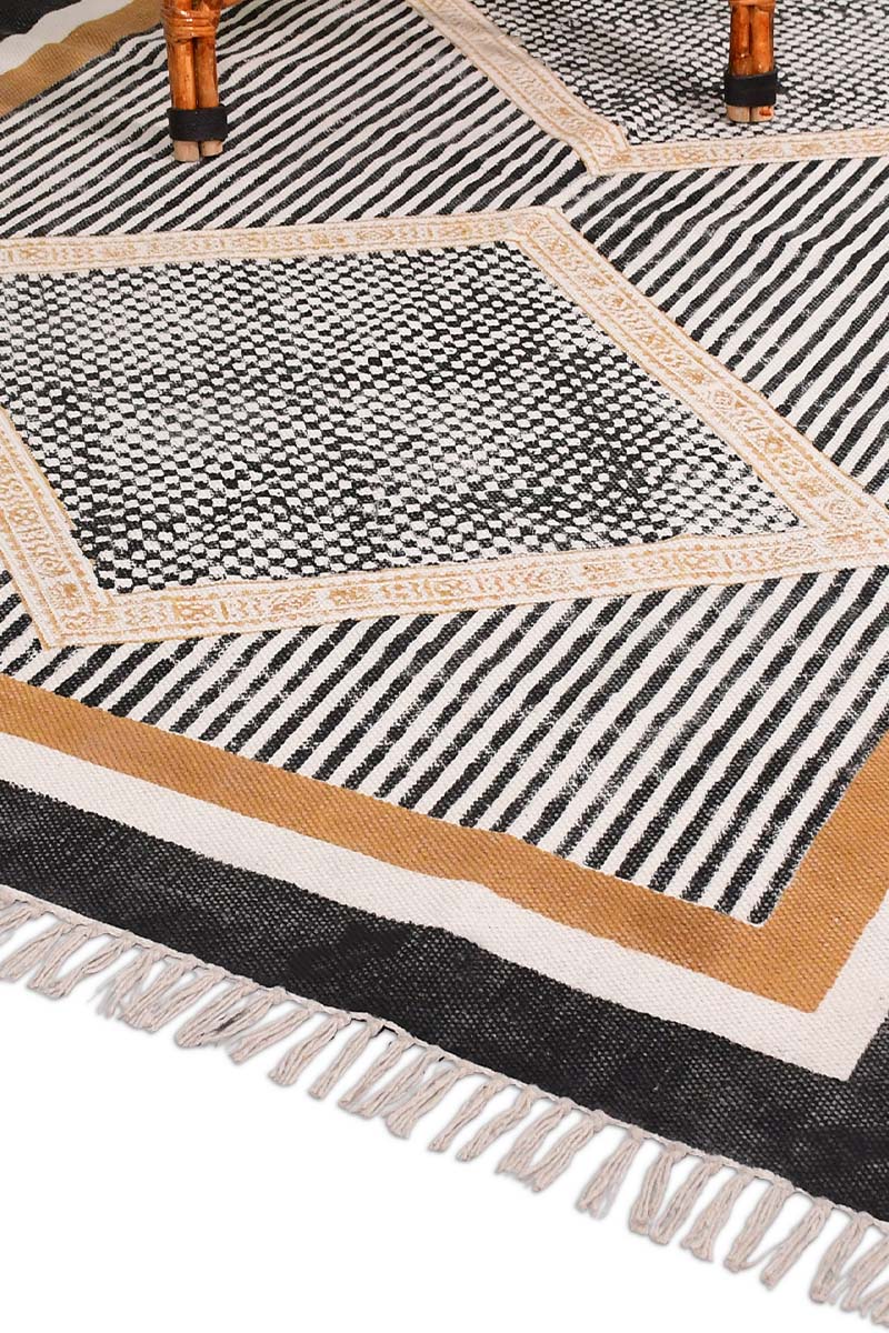 Modern Geometric Hand Block Printed Diamond Motif Rug - Image 6
