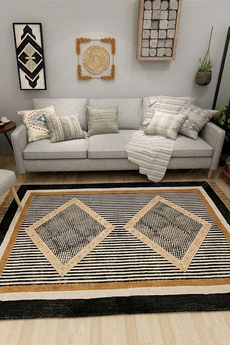 Modern Geometric Hand Block Printed Diamond Motif Rug - Image 4