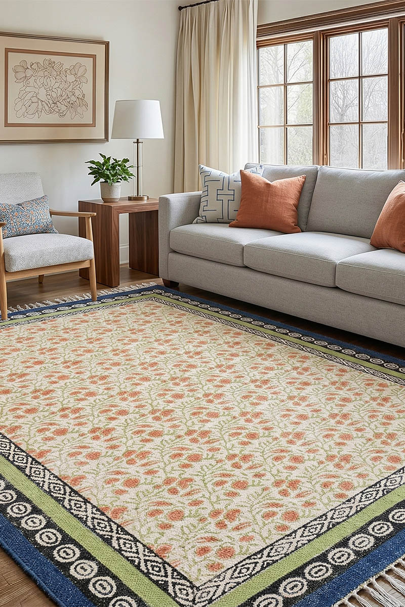 Hand Block Printed Floral Rug with Multi-Border Design - Image 2
