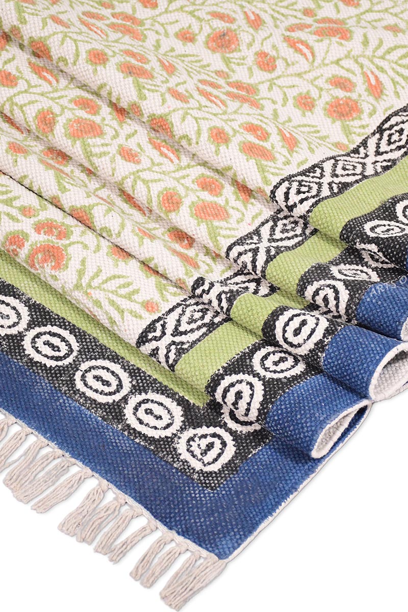 Hand Block Printed Floral Rug with Multi-Border Design - Image 6