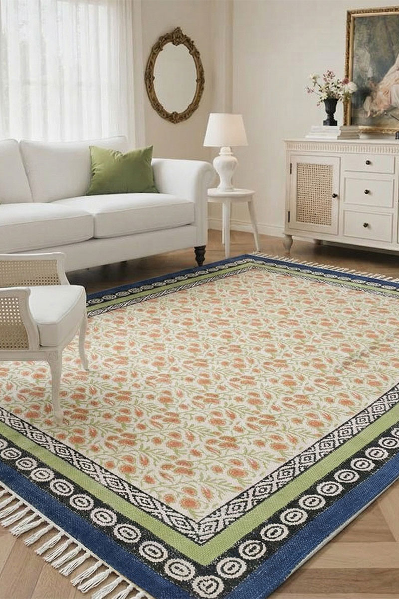 Hand Block Printed Floral Rug with Multi-Border Design - Image 4