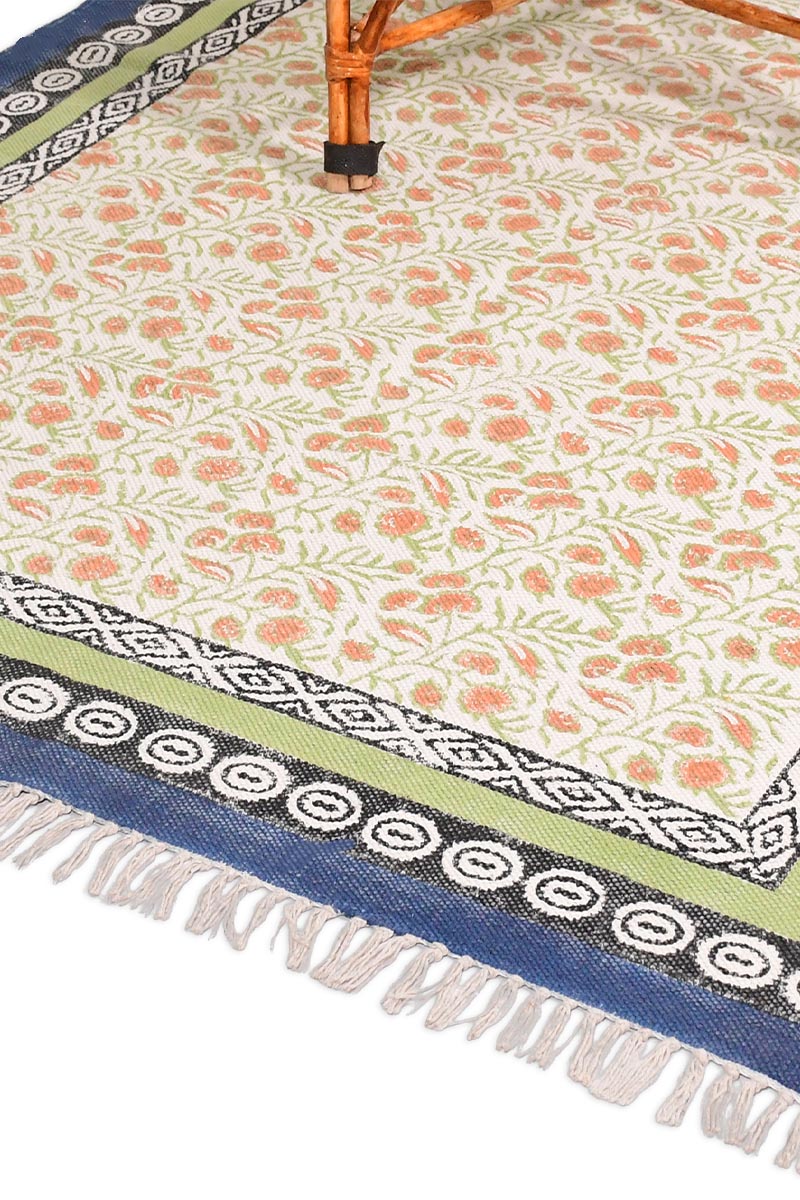 Hand Block Printed Floral Rug with Multi-Border Design - Image 3