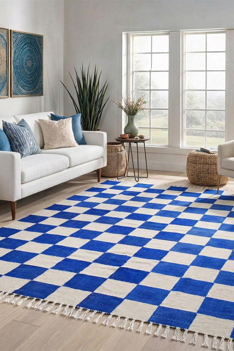 Blue and White Checkered Hand Block Printed Cotton Rug - Image 2