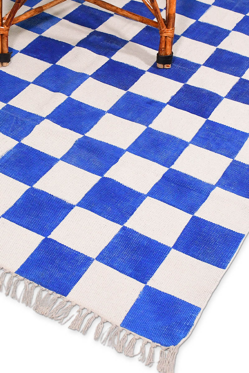 Blue and White Checkered Hand Block Printed Cotton Rug - Image 6