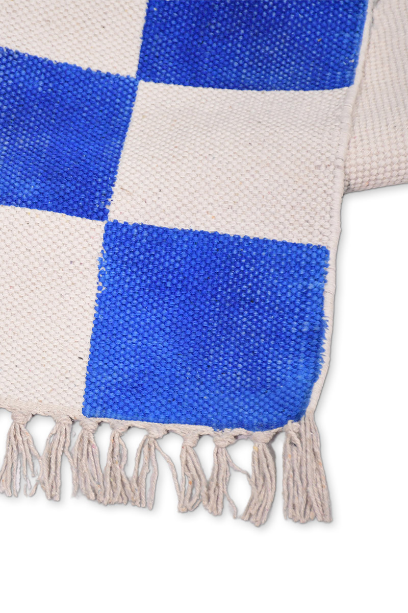 Blue and White Checkered Hand Block Printed Cotton Rug - Image 5