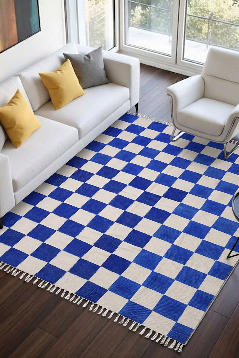 Blue and White Checkered Hand Block Printed Cotton Rug - Image 4