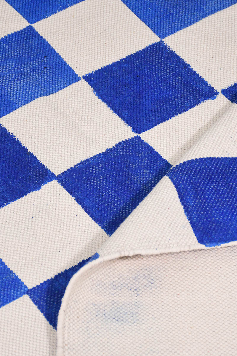 Blue and White Checkered Hand Block Printed Cotton Rug - Image 3