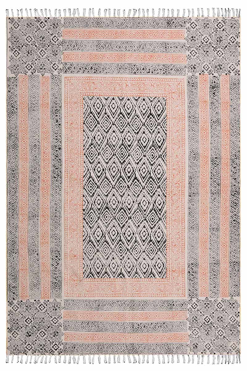 Handcrafted Block-Printed Rug Diamond Pattern Flatweave Cotton Rug