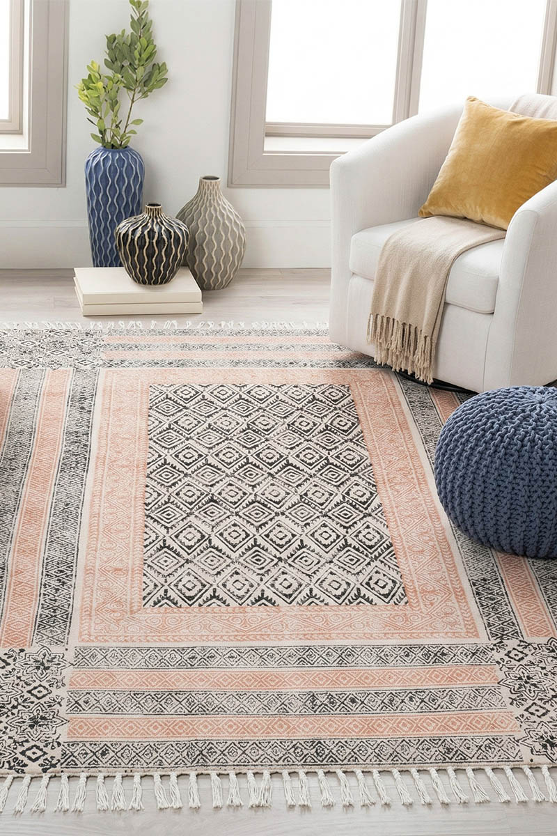 Handcrafted Block-Printed Rug Diamond Pattern Flatweave Cotton Rug - Image 2