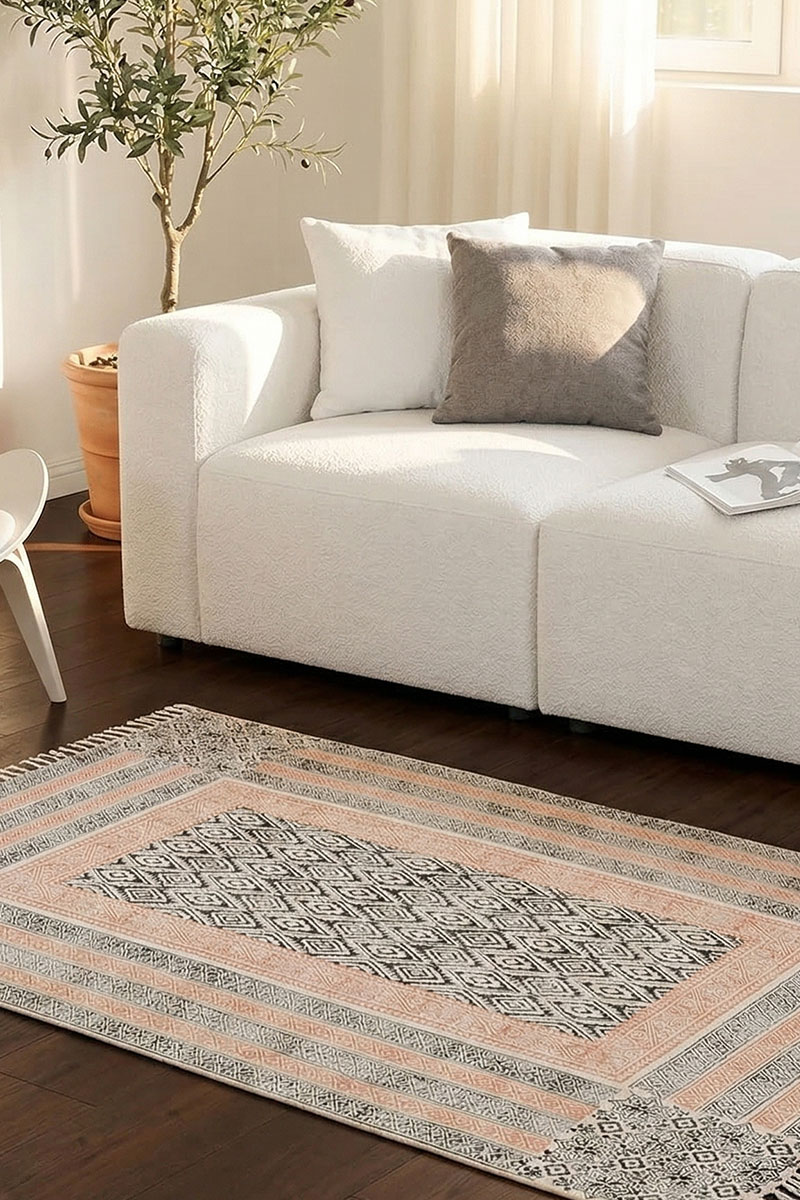 Handcrafted Block-Printed Rug Diamond Pattern Flatweave Cotton Rug - Image 5