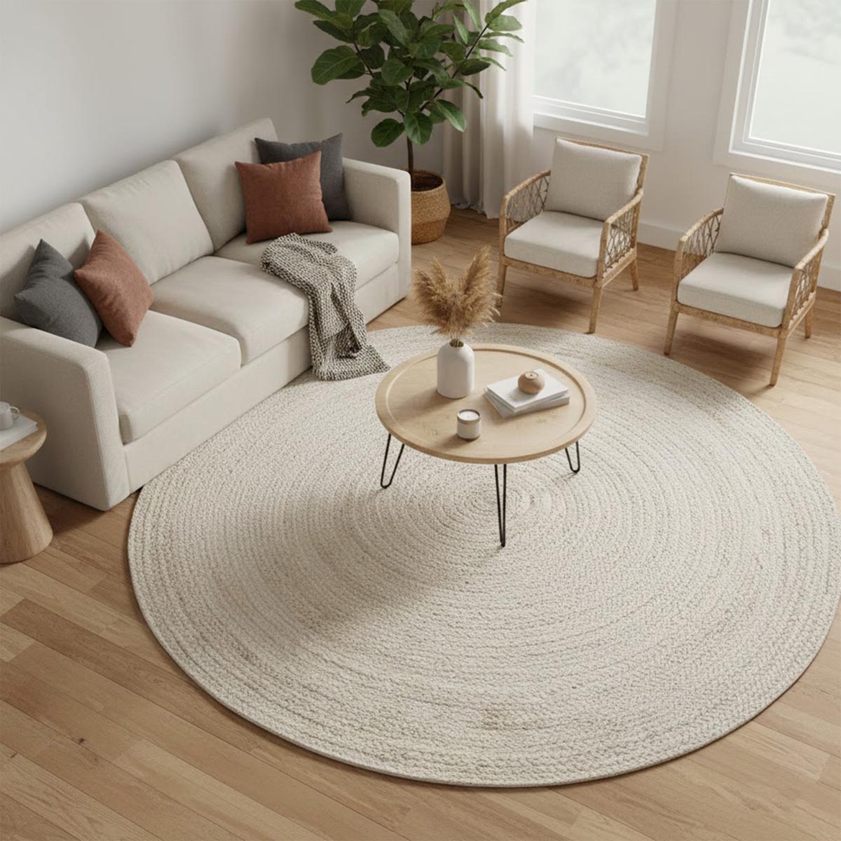 Natural Fiber Braided White Round Jute Rug for Living Area, Farmhouse - Image 2