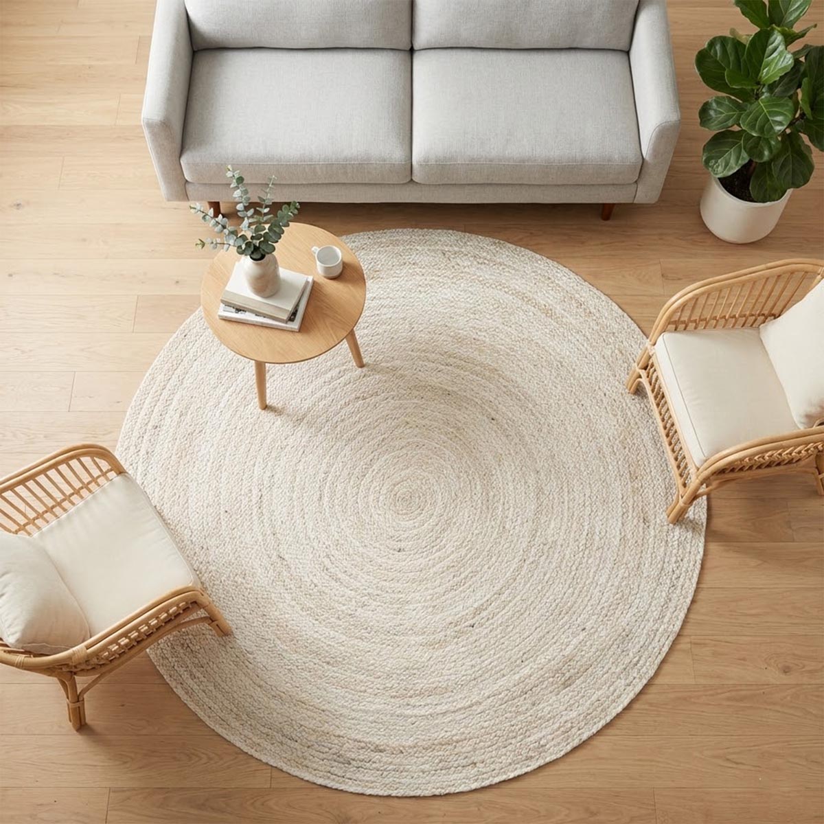 Natural Fiber Braided White Round Jute Rug for Living Area, Farmhouse - Image 5