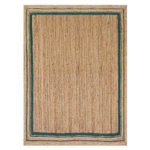 Natural Handmade Jute Rug with Green Border Braided Farmhouse Area Rug