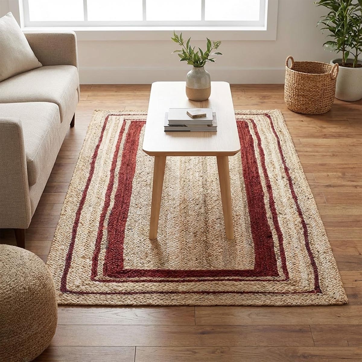 Eco-Friendly Handmade Jute Rug with Red Border Braided Farmhouse Area Rug - Image 2