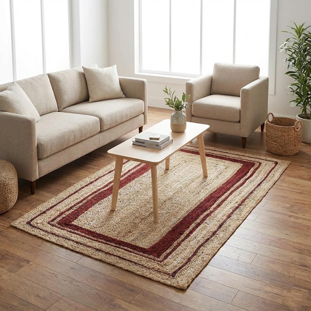 Eco-Friendly Handmade Jute Rug with Red Border Braided Farmhouse Area Rug - Image 6