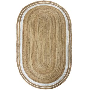 White Border Oval Hand-Braided Jute Rug Living Area Eco-Friendly Rug