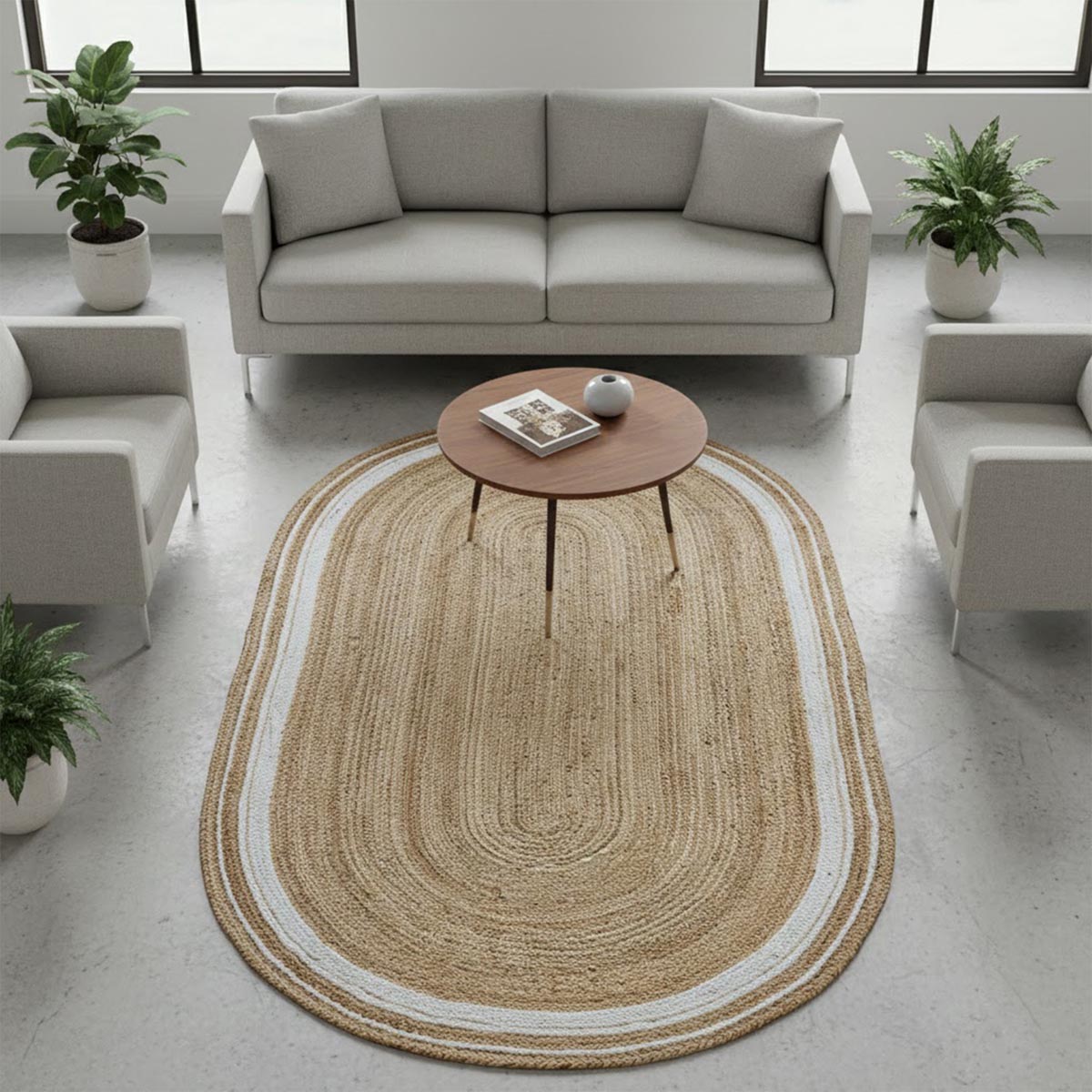 White Border Oval Hand-Braided Jute Rug Living Area Eco-Friendly Rug - Image 2