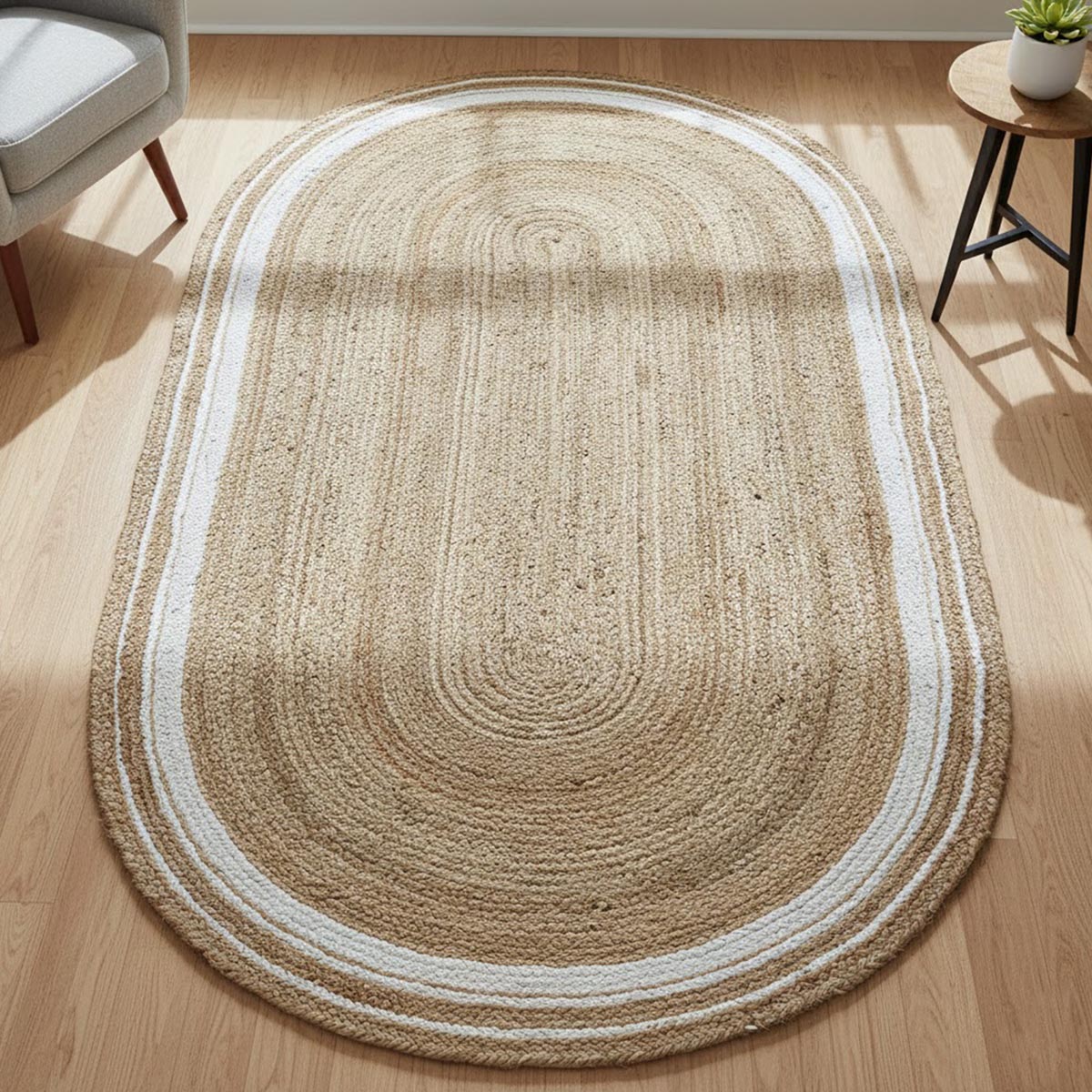 White Border Oval Hand-Braided Jute Rug Living Area Eco-Friendly Rug - Image 5