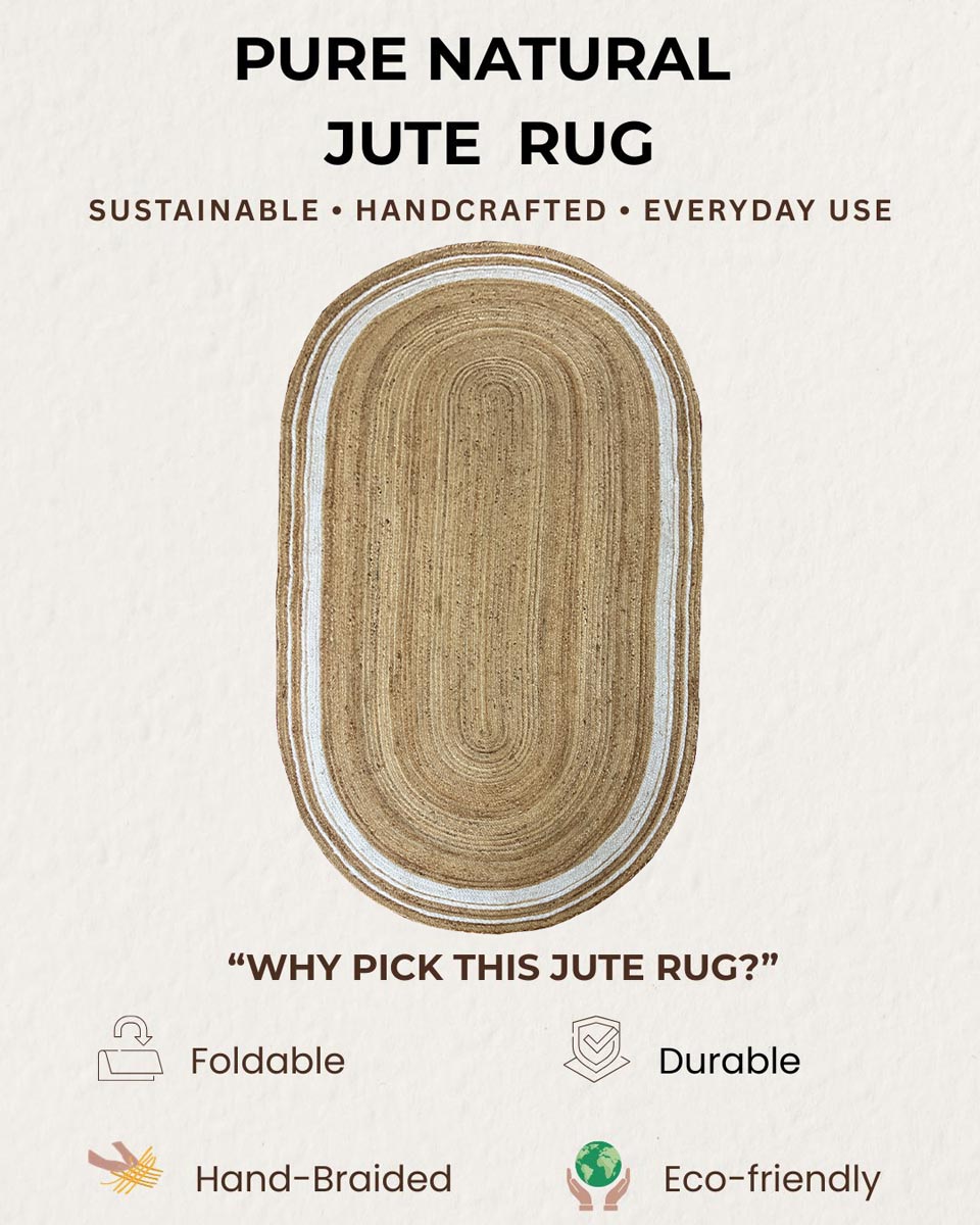 White Border Oval Hand-Braided Jute Rug Living Area Eco-Friendly Rug - Image 6