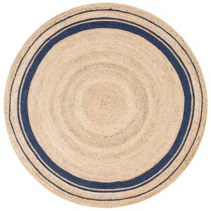 Round Braided Jute Area Rug with Blue Border Natural Living Room Décor