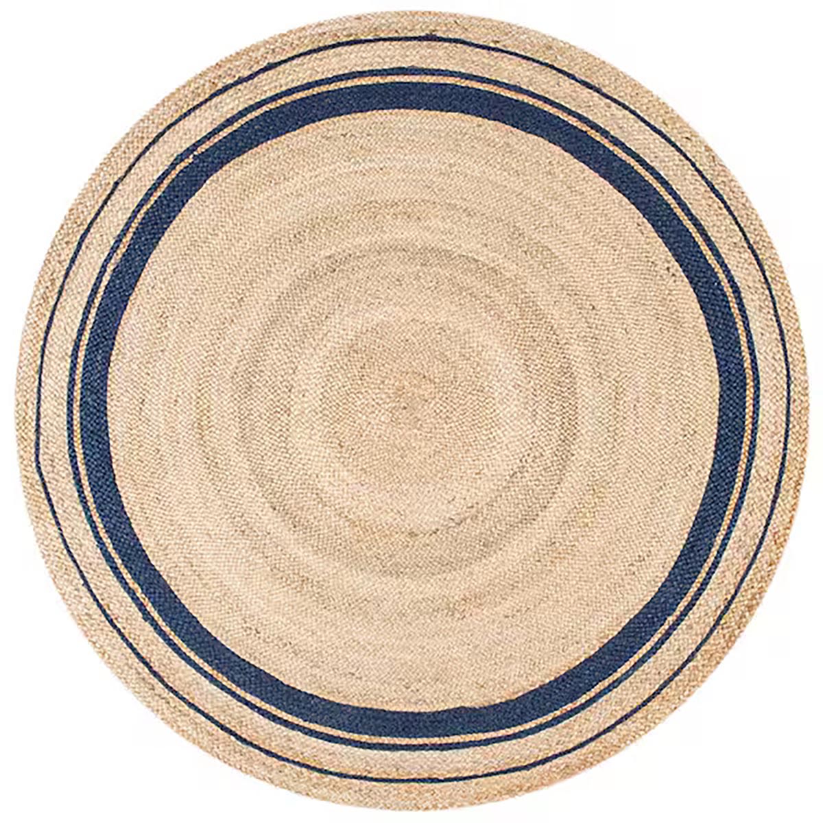 Round Braided Jute Area Rug with Blue Border Natural Living Room Décor