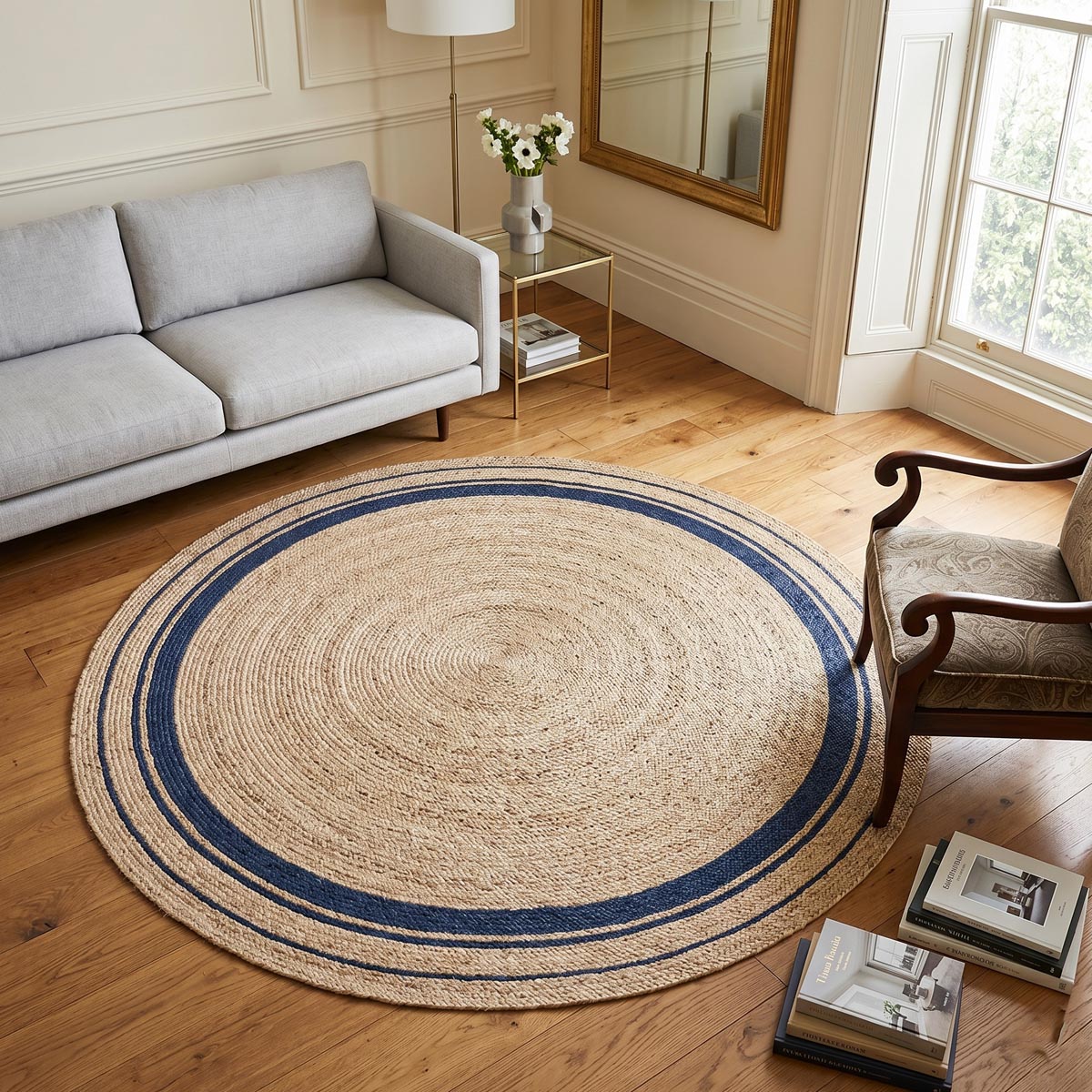 Round Braided Jute Area Rug with Blue Border Natural Living Room Décor - Image 2