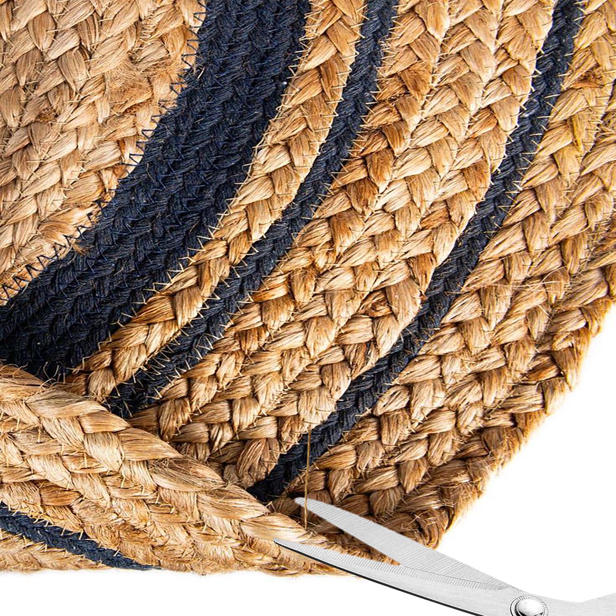 Round Braided Jute Area Rug with Blue Border Natural Living Room Décor - Image 3