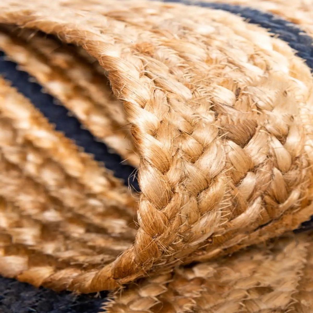 Round Braided Jute Area Rug with Blue Border Natural Living Room Décor - Image 4