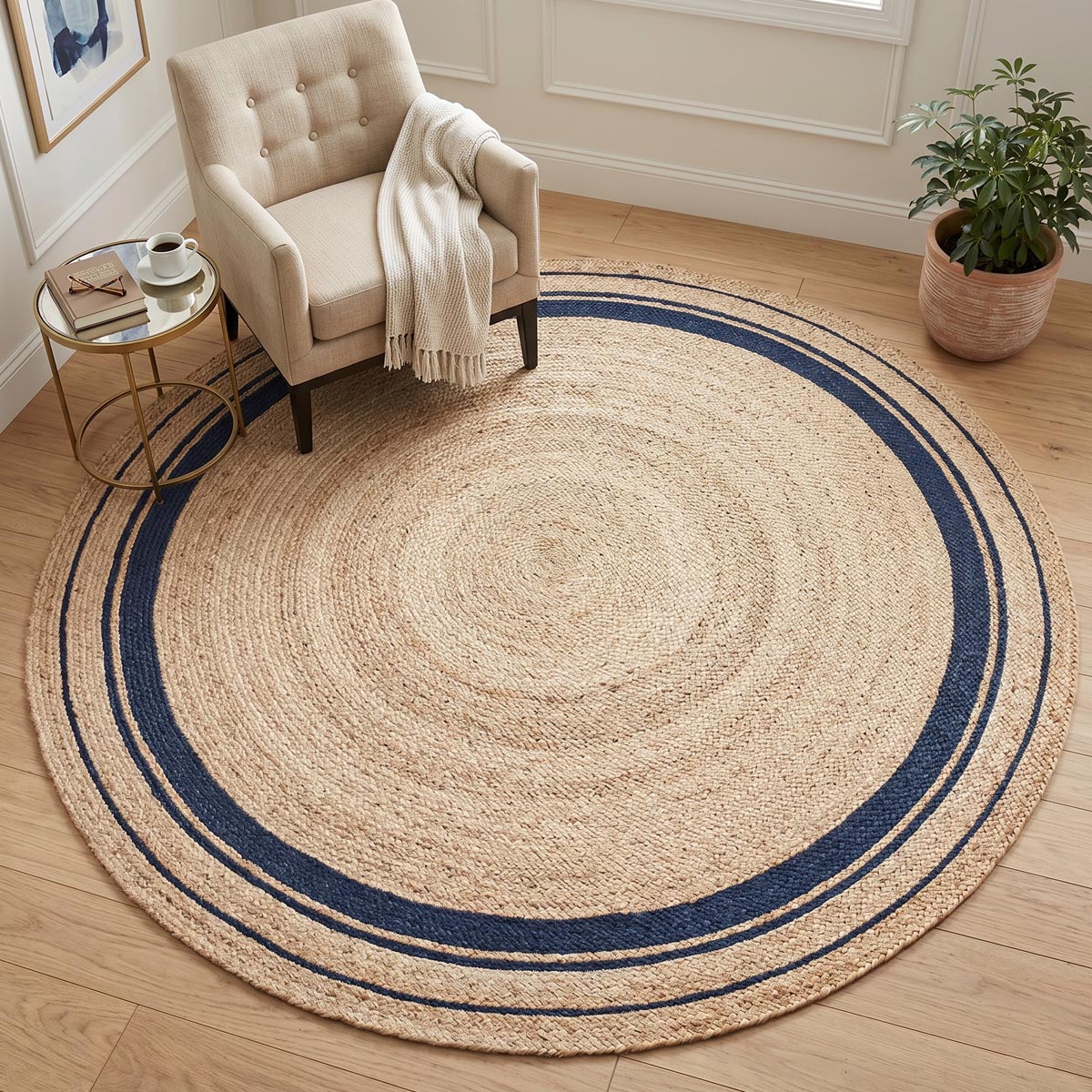 Round Braided Jute Area Rug with Blue Border Natural Living Room Décor - Image 6