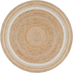 Round Braided Jute Area Rug with White Border Farmhouse Style Living Room Décor