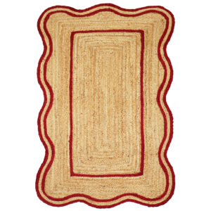 Hand Braided Scalloped Red Jute Rug For Farmhouse, Living Area