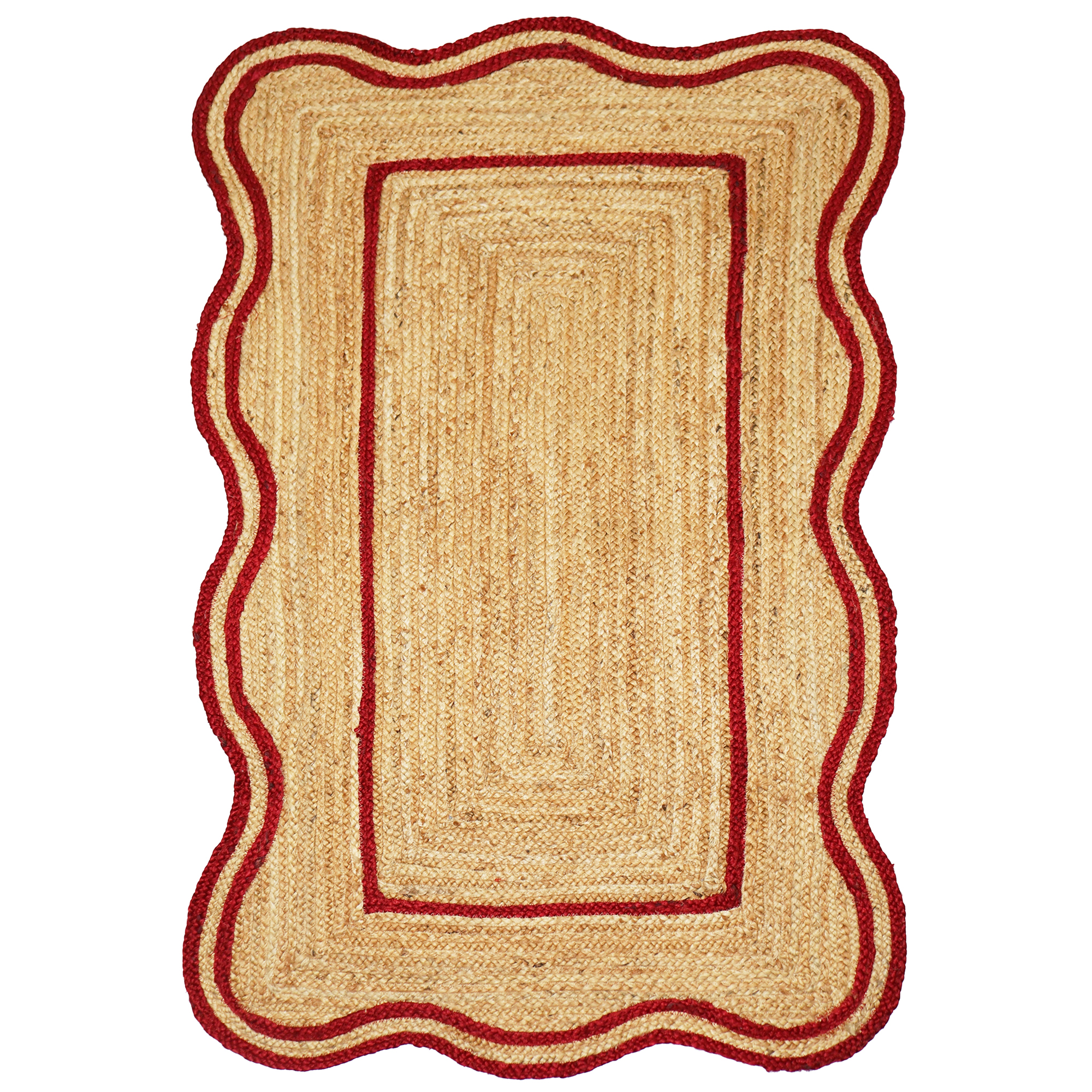 Hand Braided Scalloped Red Jute Rug For Farmhouse, Living Area