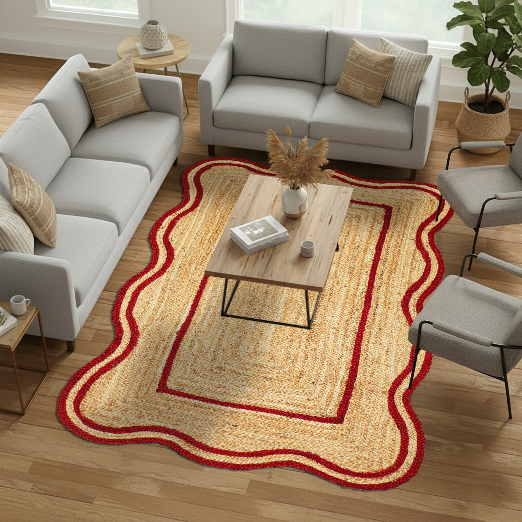 Hand Braided Scalloped Red Jute Rug For Farmhouse, Living Area - Image 2