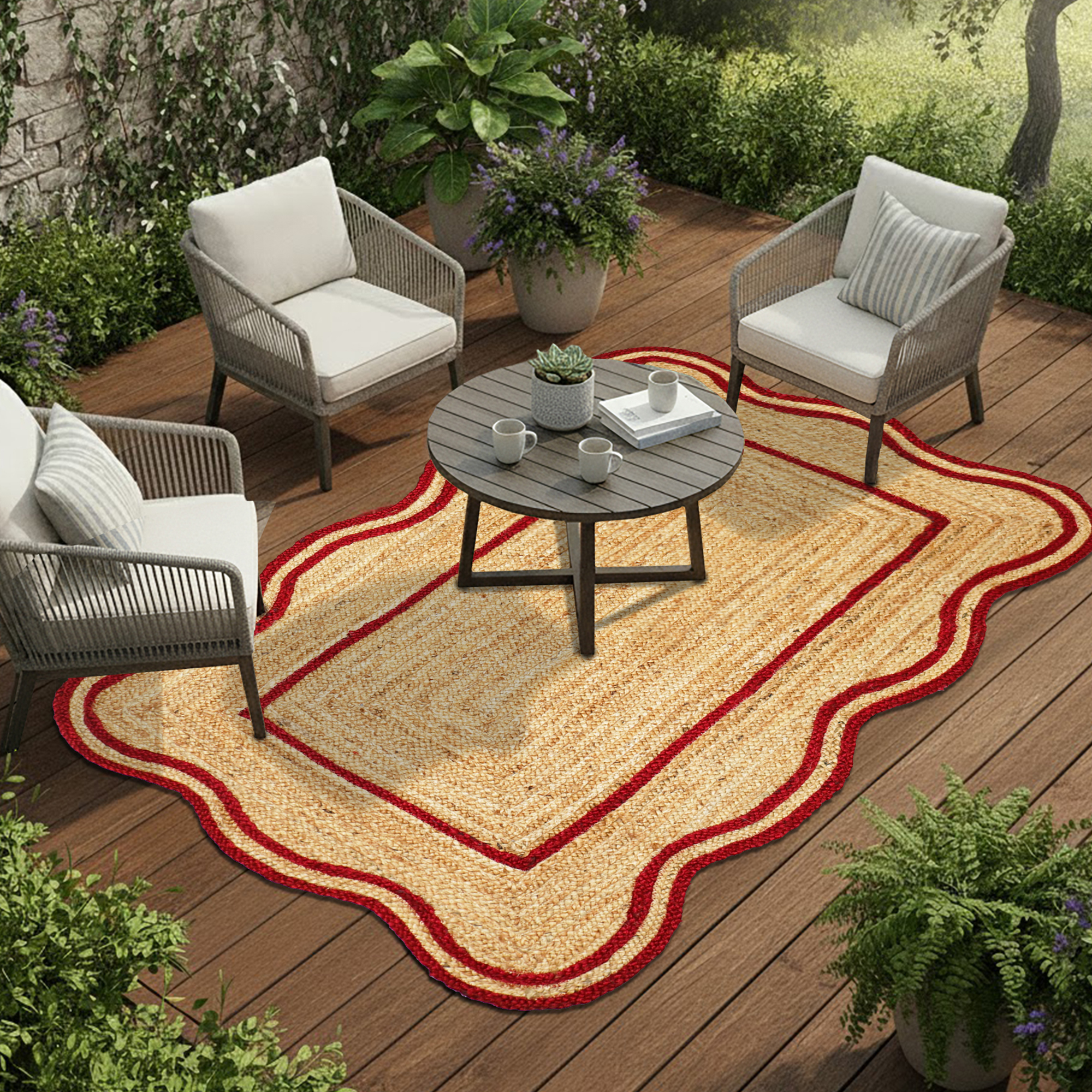 Hand Braided Scalloped Red Jute Rug For Farmhouse, Living Area - Image 6