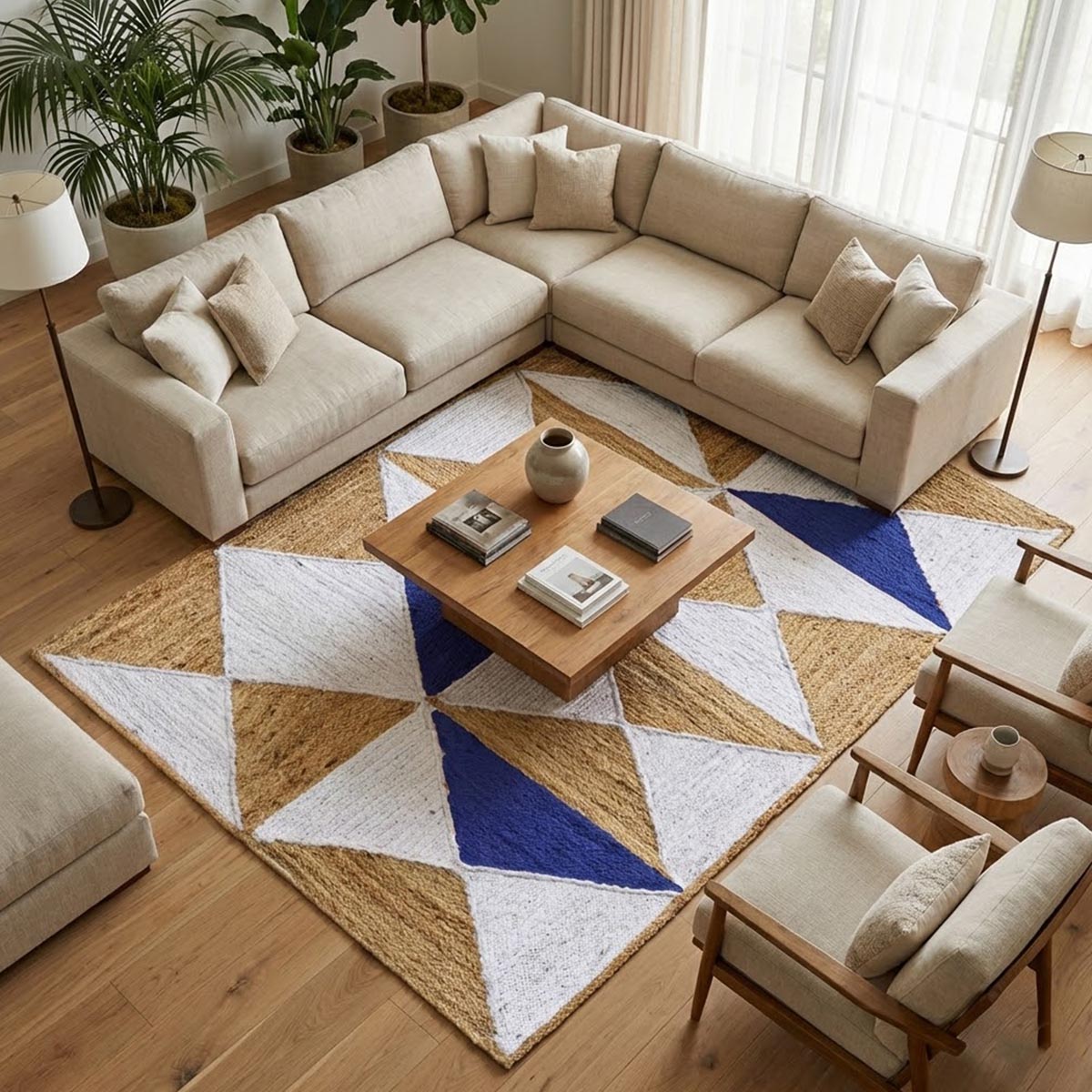 Braided Blue Geometric Jute Rug for Living Area Farmhouse - Image 2