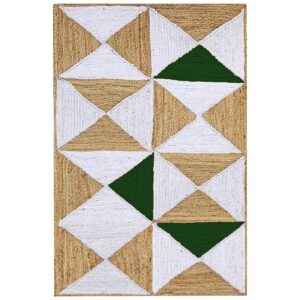 Green Braided Geometric Jute Rug for Living Area Farmhouse Natural Fiber Rug