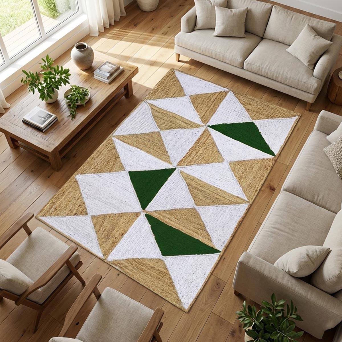 Green Braided Geometric Jute Rug for Living Area Farmhouse Natural Fiber Rug - Image 2