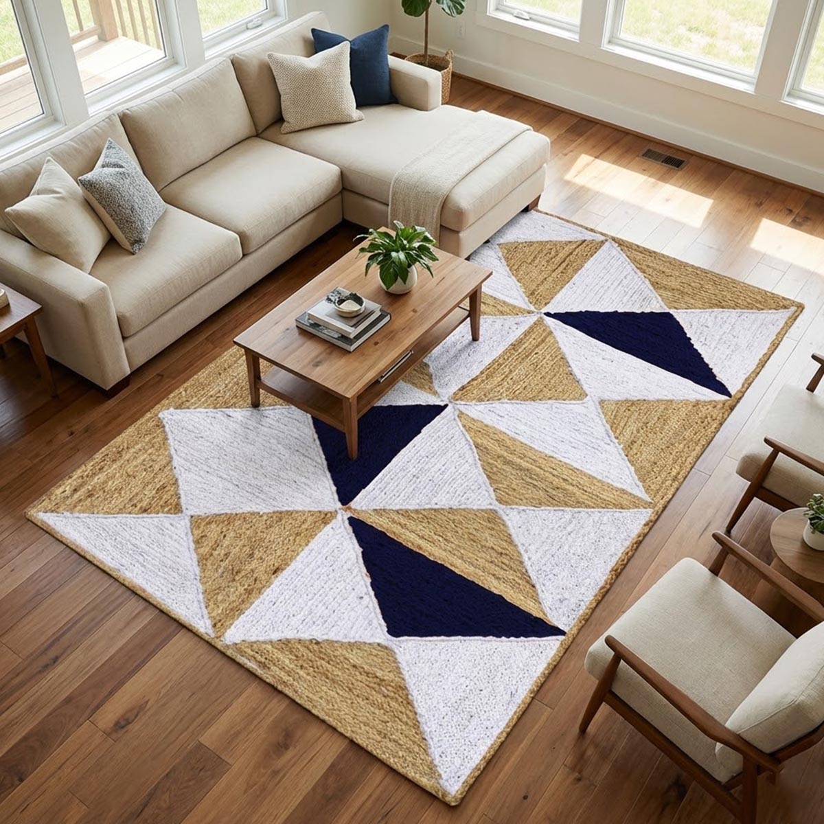 Farmhouse Braided Navy Blue Geometric Jute Area Rug for Living Room Décor - Image 2