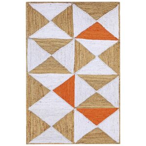 Braided Orange Jute Rug with Geometric Pattern Farmhouse Living Room Area Rug