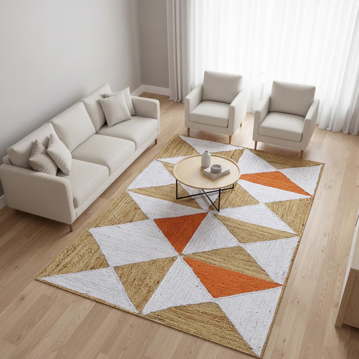 Braided Orange Jute Rug with Geometric Pattern Farmhouse Living Room Area Rug - Image 2