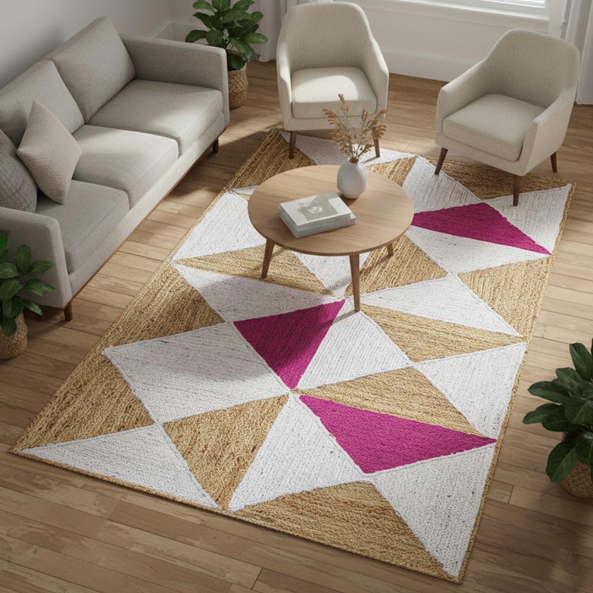 Natural Pink Braided Geometric Jute Rug Farmhouse Living Area Carpet - Image 2