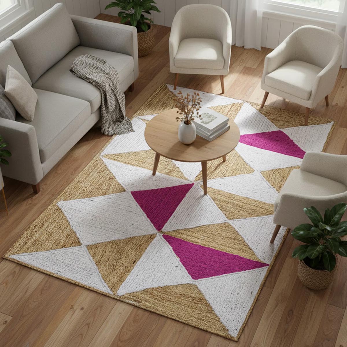 Natural Pink Braided Geometric Jute Rug Farmhouse Living Area Carpet - Image 6