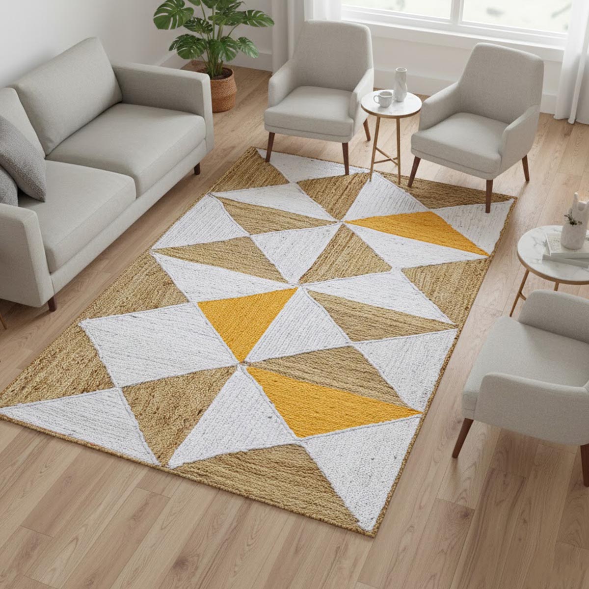 Farmhouse Braided Jute Rug Yellow Geometric Living Area Rug - Image 2